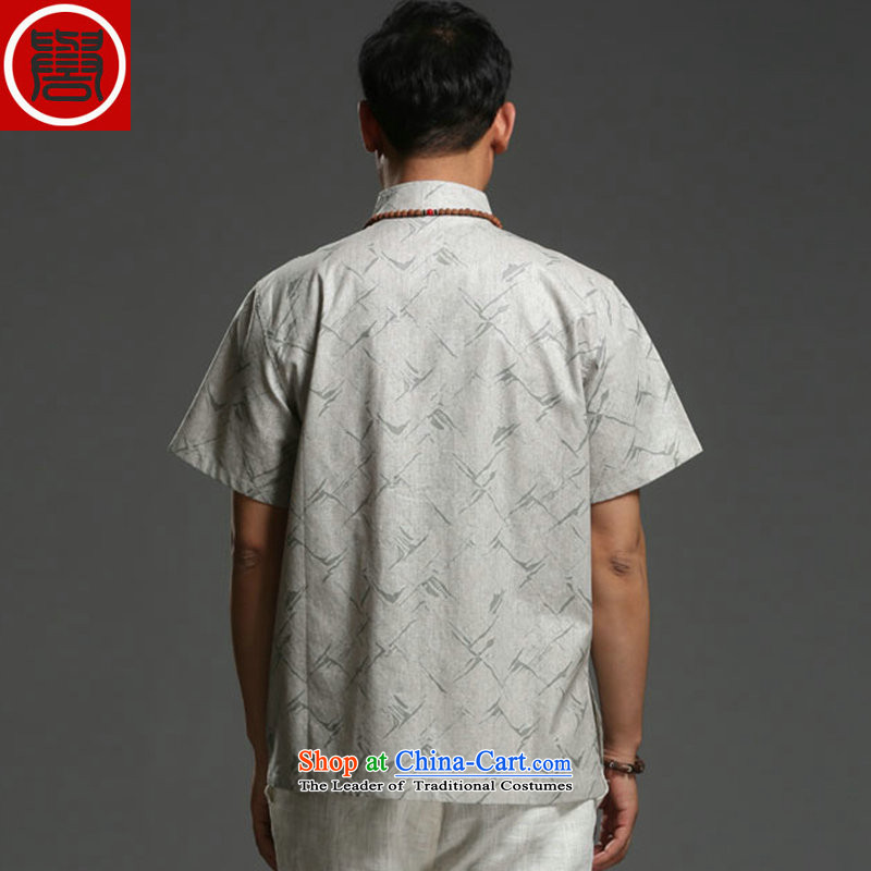 Renowned Tang dynasty men cotton linen collar short-sleeved shirt loose stamp Recreation Fashion Chinese men light gray large (175), renowned (CHIYU) , , , shopping on the Internet