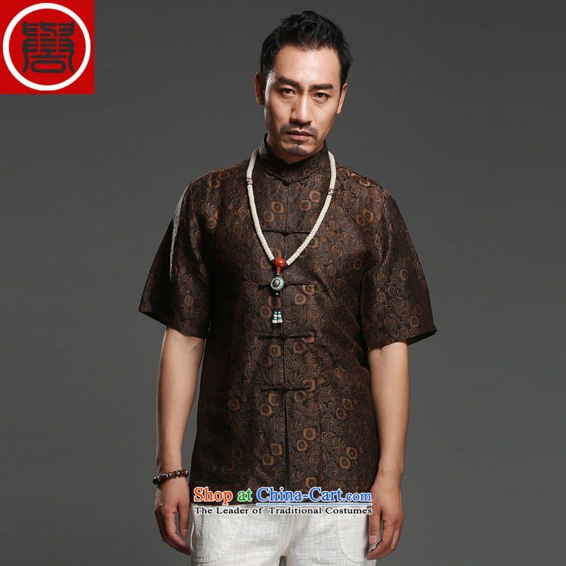 Renowned national sentiment for summer 2014 men's shirts 100 herbs extract Short-Sleeve Mock-Neck Shirt Silk Tang Dynasty Large (175), Brown (CHIYU renowned shopping on the Internet has been pressed.)