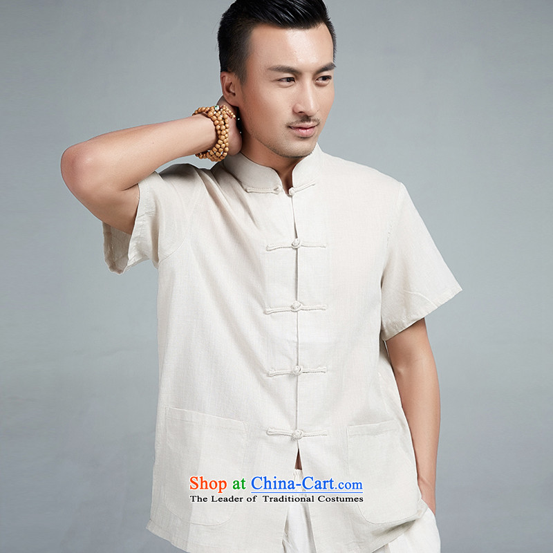 De Fudo cicada wing summer new cotton linen short-sleeved manually drive Tang dynasty men detained young people , Chinese clothing shirt, beige XXL/175, de fudo shopping on the Internet has been pressed.