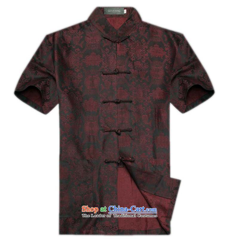 2015 Summer silk men Tang dynasty men of older persons in the short-sleeved blouses and stylish grandpa summer Beas Men Sauna silk collar short-sleeved Chinese Pouch cloud yarn brown XL/180, thre line (gesaxing and Tobago) , , , shopping on the Internet