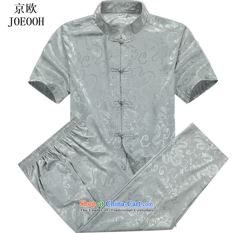 Beijing OSCE men Tang Dynasty Package short-sleeved of older persons in the Men's Shirt pants grandpa summer father jacket coat gray cyan XXXL Kit