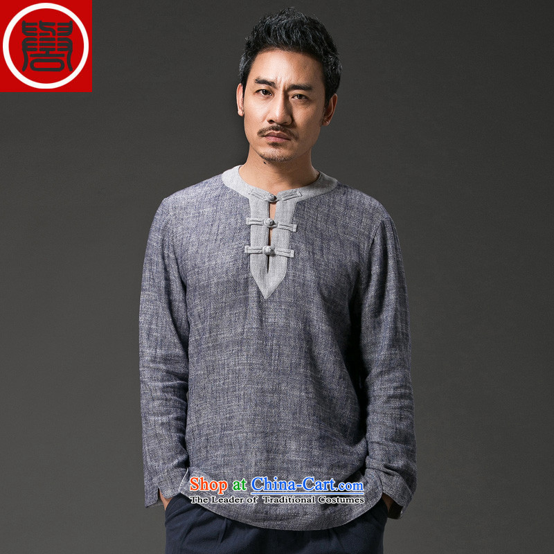 Renowned China wind men short-sleeved T-shirt with round collar tray clip cotton linen collar leisure retro Men's Shirt Han-suk (3XL), Light Gray (CHIYU renowned shopping on the Internet has been pressed.)