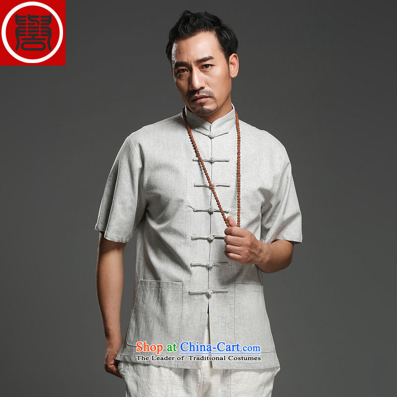 Renowned China wind men cotton linen short-sleeved Tang dynasty improved Tang Dynasty Chinese men of pure colors of ethnic summer in beige jacket (170), renowned (CHIYU) , , , shopping on the Internet