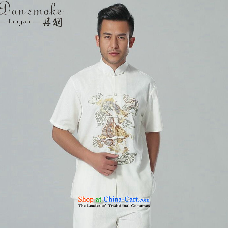 Dan smoke summer new men short-sleeved Tang Dynasty Chinese collar of his breast embroidered dragon cotton linen tai chi service men Kit Single T-shirts are M Dan Smoke , , , shopping on the Internet