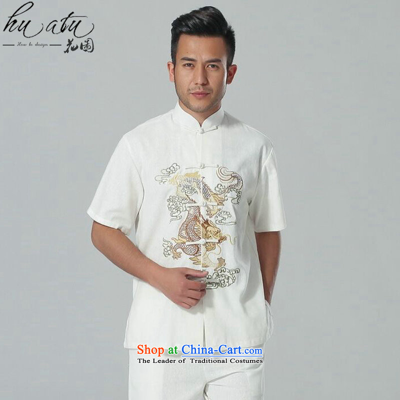 Figure for summer flowers new men short-sleeved Tang Dynasty Chinese collar of his breast embroidered dragon cotton linen tai chi service men Kit White Kit , L, floral shopping on the Internet has been pressed.