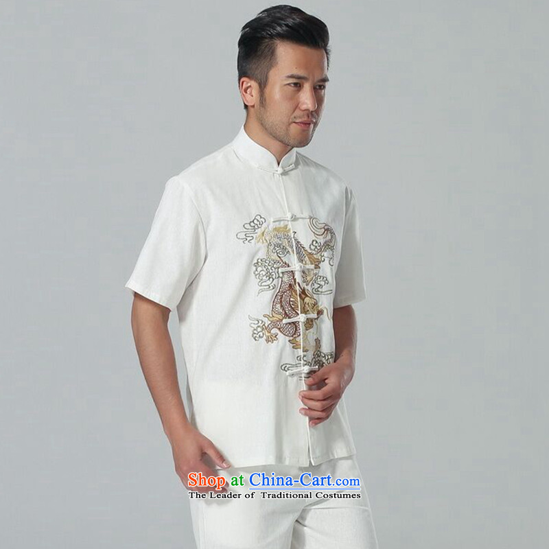 Figure for summer flowers new men short-sleeved Tang Dynasty Chinese collar of his breast embroidered dragon cotton linen tai chi service men Kit White Kit , L, floral shopping on the Internet has been pressed.