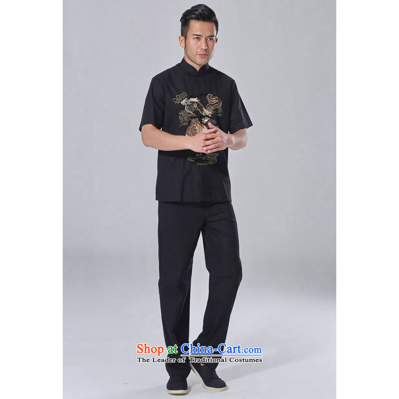 Dan smoke summer New Men Tang Dynasty Chinese improved to cut Yong-nam, embroidered cotton linen Tai Chi Kit short-sleeved clothing Kit?L