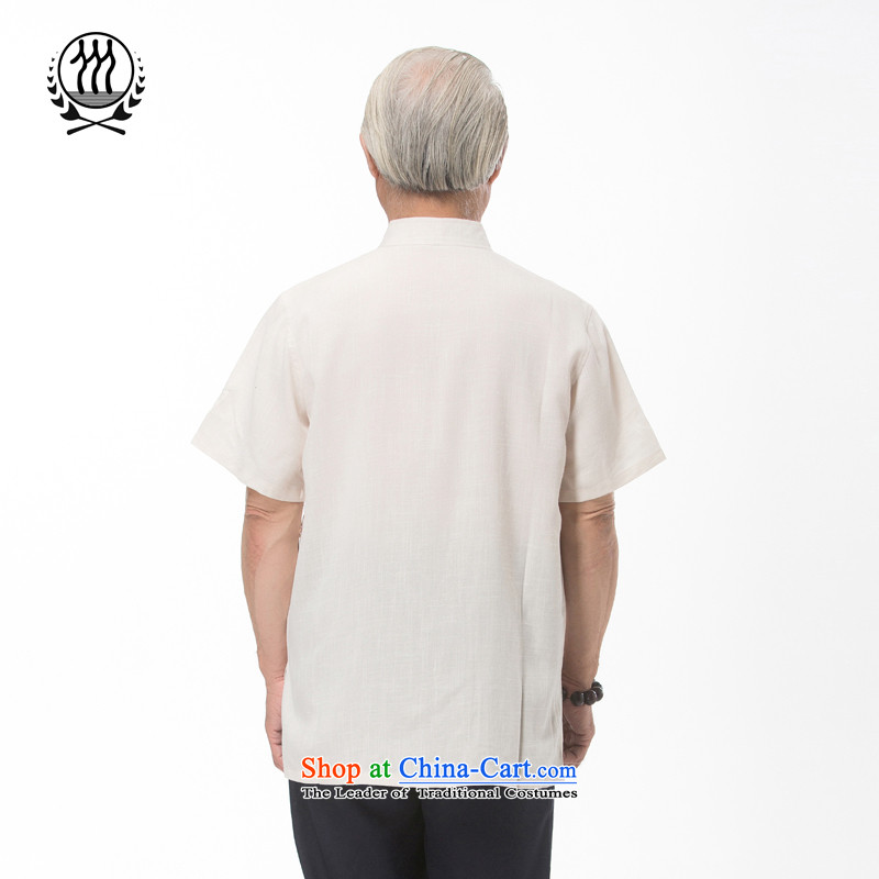 Summer genuine new elderly men linen Tang Dynasty Chinese Dragon Chinese elderly short-sleeved cotton linen short-sleeved T-shirt of ethnic Chinese dragon short-sleeved T-shirt, beige XXL/185, thre line (gesaxing and Tobago) , , , shopping on the Internet