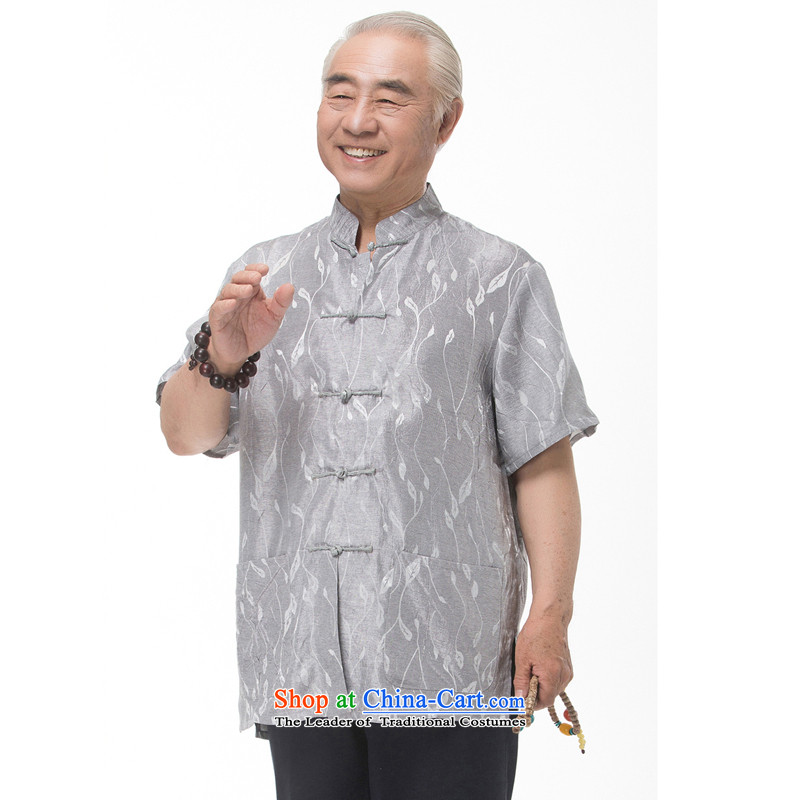The elderly in the new 2015 cotton linen Tang dynasty male short-sleeved T-shirt Han-men and Tang dynasty summer national costumes stamp pack large white father XXXL/190, thre line (gesaxing and Tobago) , , , shopping on the Internet