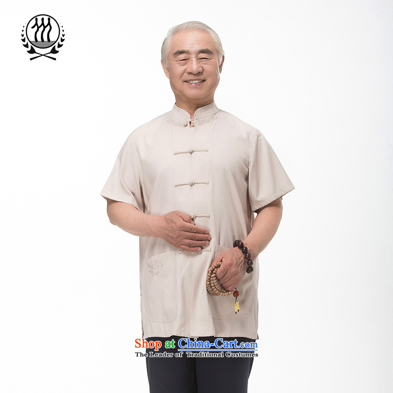 Bosnia and thre line 2015 Summer in older men large short-sleeved shirt Tang dynasty short-sleeved shirt with father men embroidery process of older men Tang dynasty khaki M/170, thre line (gesaxing and Tobago) , , , shopping on the Internet