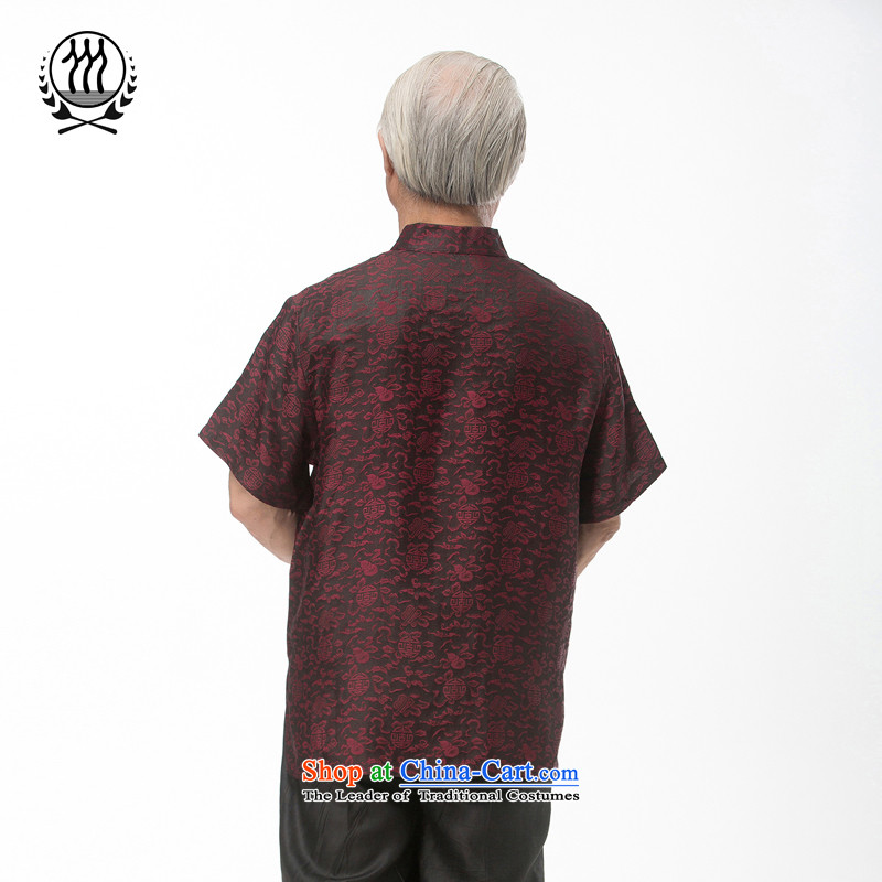 Bosnia and thre line short-sleeved Tang dynasty summer new men incense cloud male silk yarn Tang dynasty in his shirt-sleeves blouse of older men Tang dynasty incense cloud yarn deep red and rows (XXL/185, thre gesaxing) , , , shopping on the Internet