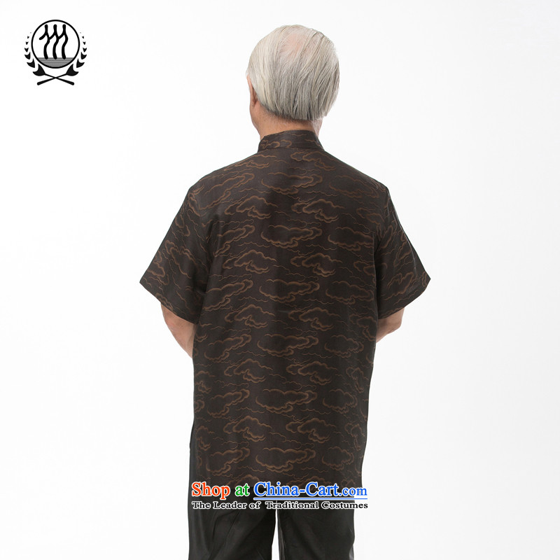 Bosnia and thre line short-sleeved Tang dynasty summer new men incense cloud male silk yarn Tang dynasty in his shirt-sleeves blouse of older men Tang dynasty incense cloud yarn brown M/170, thre line (gesaxing and Tobago) , , , shopping on the Internet