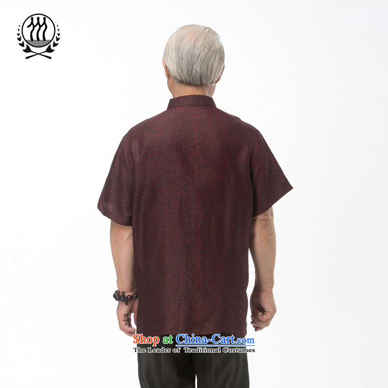 Tang Dynasty short-sleeved summer new men incense cloud male silk yarn Tang dynasty short-sleeved older men Tang blouses China wind men silk short-sleeved Tang dynasty incense cloud yarn deep red and rows (M/170, thre gesaxing) , , , shopping on the Inter