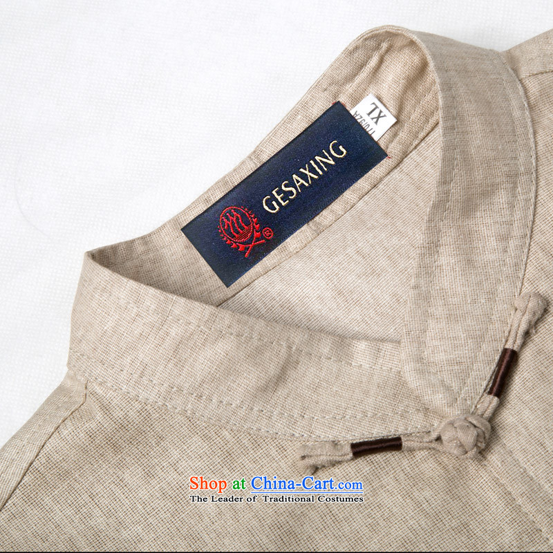Summer genuine men cotton linen short-sleeved blouses Tang upscale ethnic Men's Mock-Neck cotton linen short-sleeved relaxd comfortable cotton linen father Replacing optional multi-color beige XXL/185, thre line (gesaxing and Tobago) , , , shopping on the