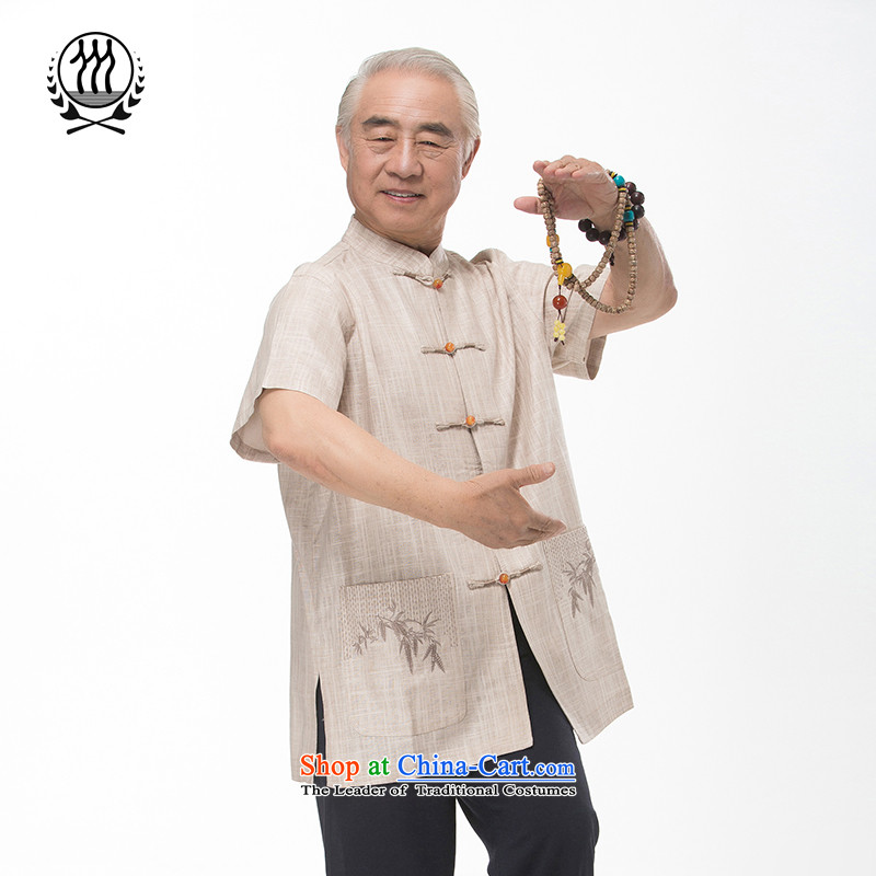 Bosnia and thre line short-sleeved Tang dynasty summer new men natural linen flax Tang dynasty short male in his shirt-sleeves blouse of older men Tang dynasty national costumes boutiqueL_175 m White