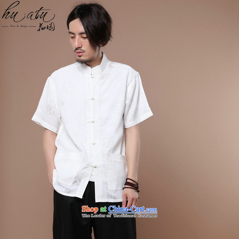 Figure for summer flowers New Men Tang Dynasty Chinese collar of his Korean clothing cotton linen men leisure short-sleeved T-shirt , white floral shopping on the Internet has been pressed.