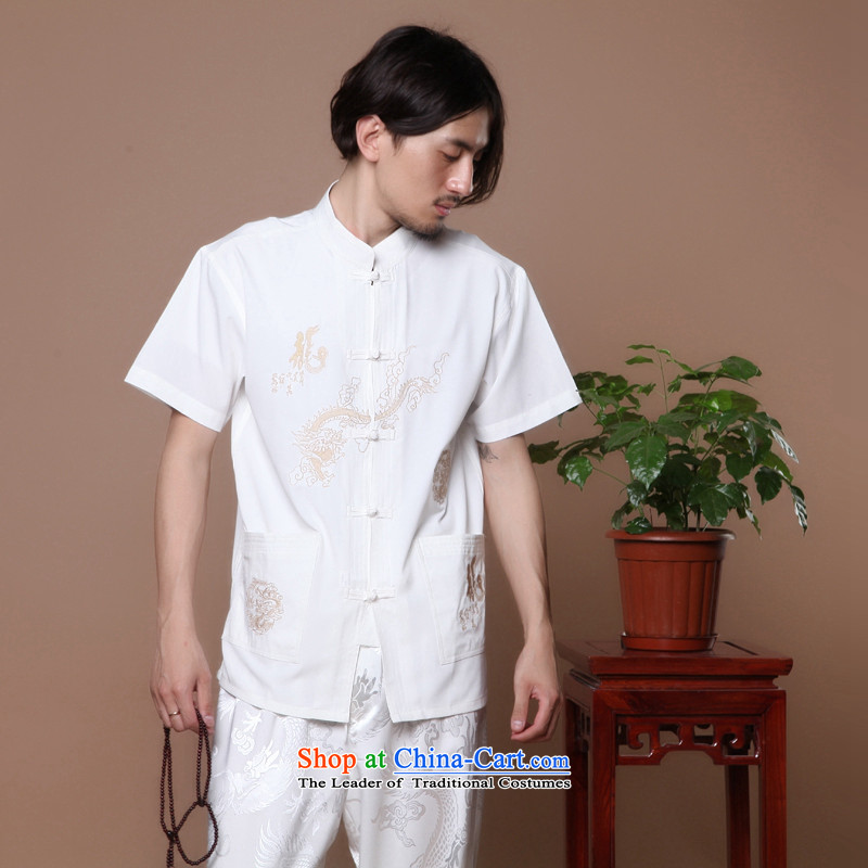 Figure for summer flowers new men of the Tang Dynasty Chinese badges of Tai Chi-collar Chinese Dragon Short-Sleeve Men Tang blouses white L, floral shopping on the Internet has been pressed.