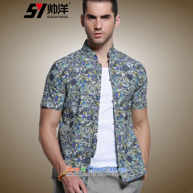 Shuai 2015 Ocean Sau San Tong Men loaded short-sleeved shirt Chinese Cotton Men's shirts collar Tray Tie China Garment Green 43_185
