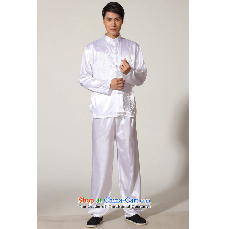 To Jing Ge older men summer Tang dynasty collar silk embroidery Tang Dynasty Chinese Dragon Men long-sleeved kit for larger men's kung fu kit M0010 White XXL recommendations 180-210, Ms Au King Mansion to , , , shopping on the Internet