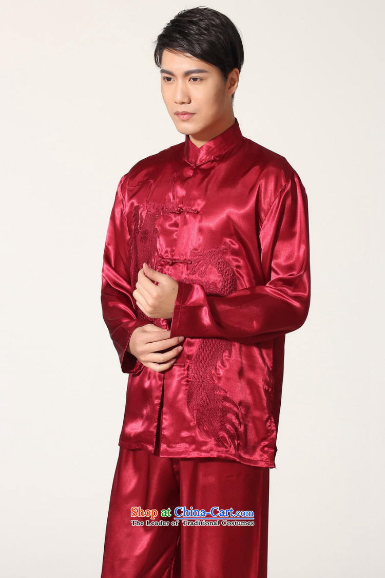 To Jing Ge older men's Tang Dynasty Chinese silk embroidered improved collar Chinese dragon tai chi services for larger men's kung fu kit M0013 wine red M recommendations 100-120 catty picture, prices, brand platters! The elections are supplied in the national character of distribution, so action, buy now enjoy more preferential! As soon as possible.