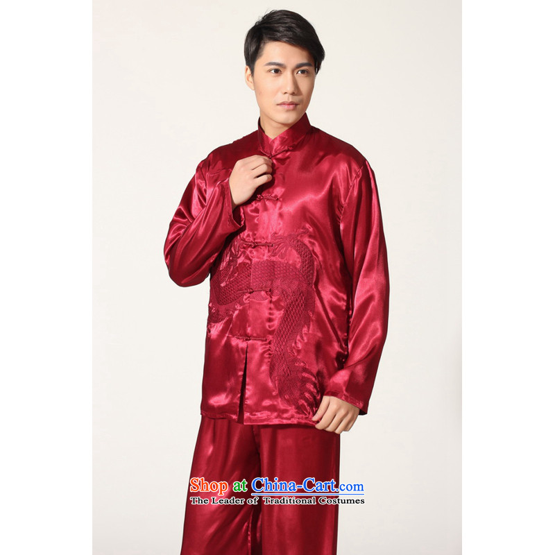 To Jing Ge older men's Tang Dynasty Chinese silk embroidered improved collar Chinese dragon tai chi services for larger men's kung fu kit M0013 wine red M recommendations 100-120, Miss Au King Mansion to , , , shopping on the Internet