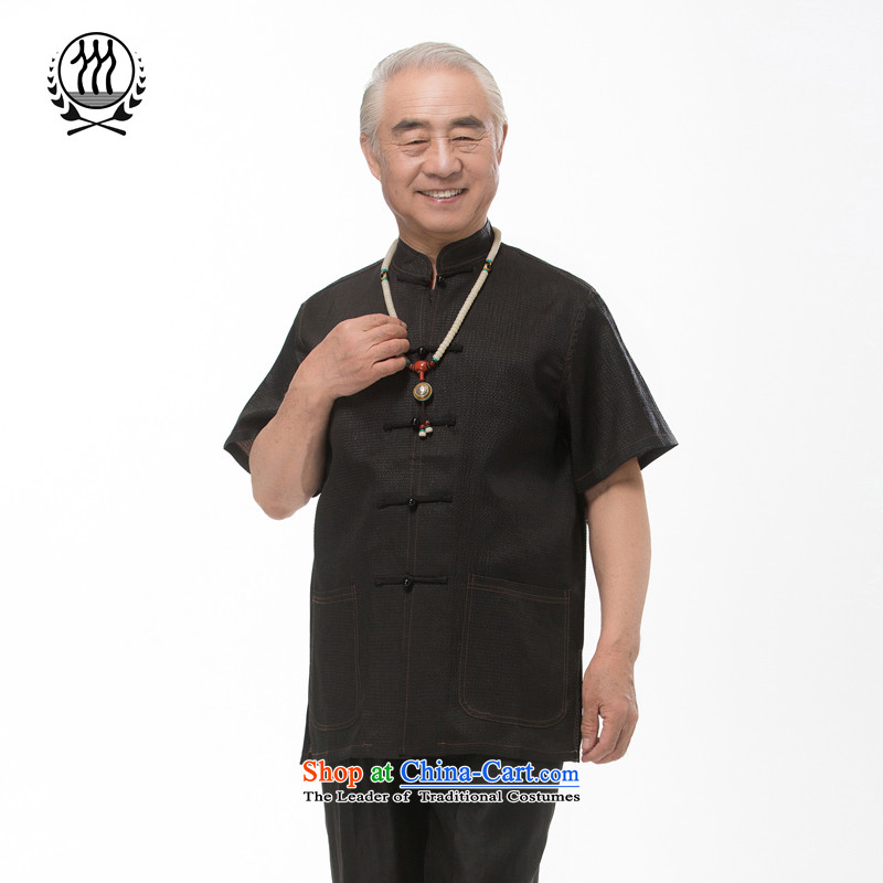 Bosnia and thre line short-sleeved Tang dynasty summer new men incense cloud male silk yarn Tang dynasty in his shirt-sleeves blouse of older men Tang dynasty incense cloud yarnL_175 black