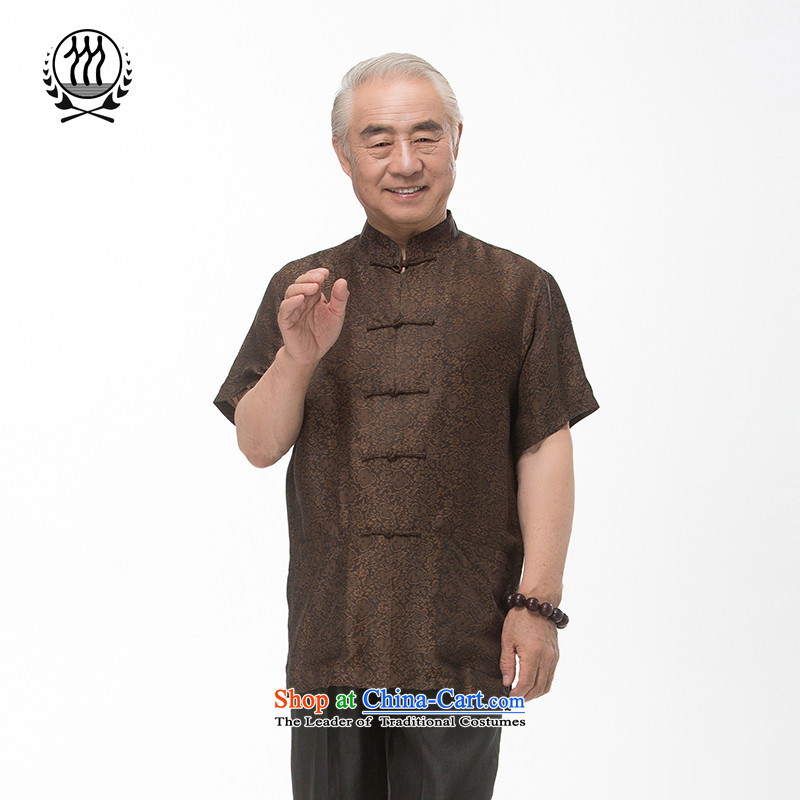 Bosnia and thre line short-sleeved Tang dynasty summer new men incense cloud male silk yarn Tang dynasty in his shirt-sleeves blouse of older men Tang dynasty incense cloud yarn L_175 Brown