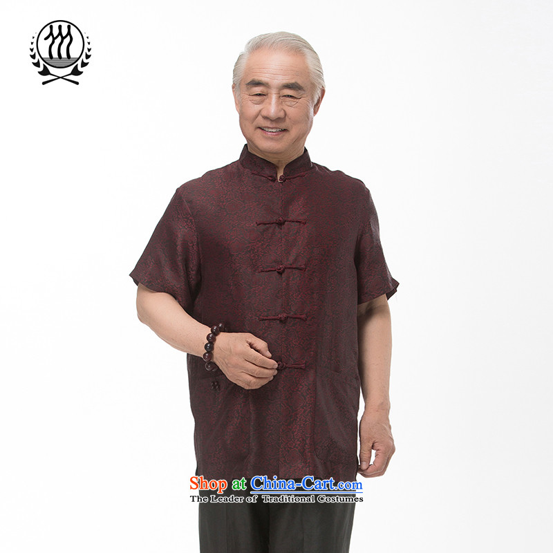 Bosnia and thre line short-sleeved Tang dynasty summer new men incense cloud male silk yarn Tang dynasty in his shirt-sleeves blouse of older men Tang dynasty incense cloud yarn brown L/175, thre line (gesaxing and Tobago) , , , shopping on the Internet