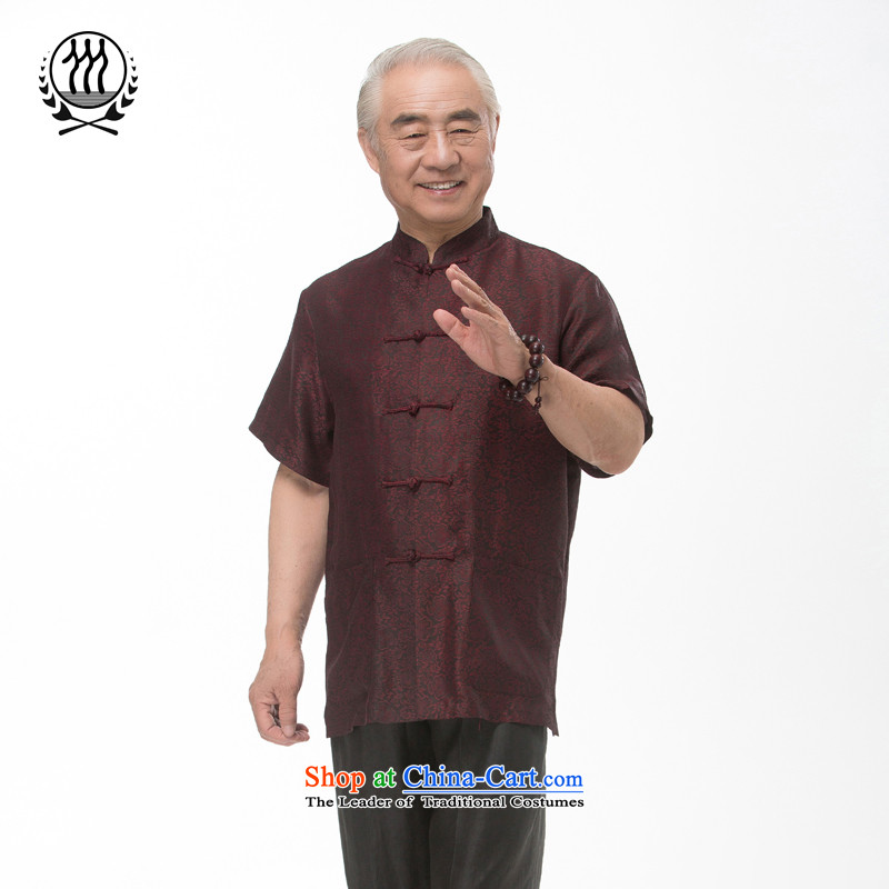 Bosnia and thre line short-sleeved Tang dynasty summer new men incense cloud male silk yarn Tang dynasty in his shirt-sleeves blouse of older men Tang dynasty incense cloud yarn brown L/175, thre line (gesaxing and Tobago) , , , shopping on the Internet