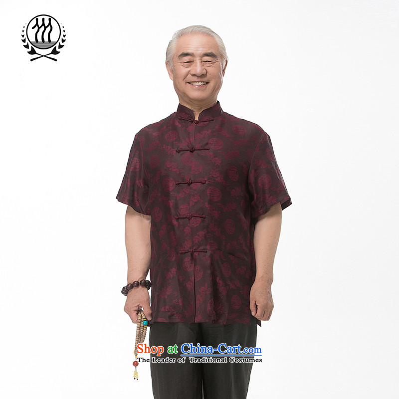 Bosnia and thre line short-sleeved Tang dynasty summer new men incense cloud male silk yarn Tang dynasty in his shirt-sleeves blouse of older men Tang dynasty incense cloud yarn dark red XXXL_190