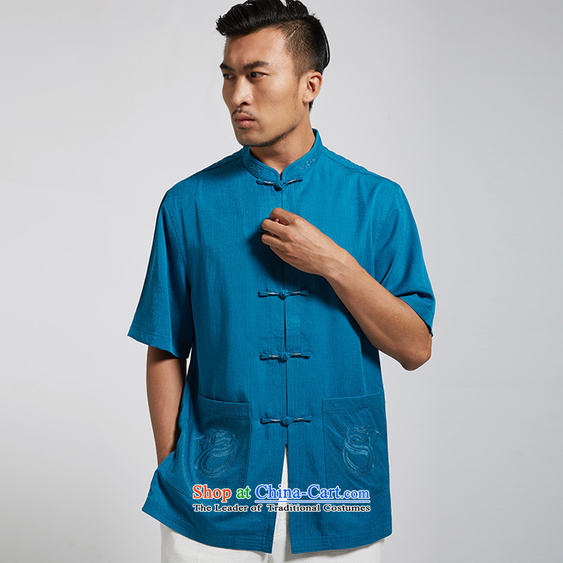 De Fudo 61-56 2015 Summer new herbs extract men Tang dynasty short-sleeved manually disc detained Chinese clothing lake blue XL, Tak Fudo shopping on the Internet has been pressed.