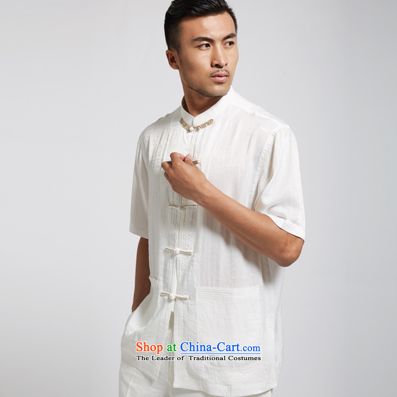 Fudo Chi-taek de 2015 Summer polyester men Tang Dynasty Chinese clothing short-sleeved shirt short-sleeved thin comfortable white , L'Fudo shopping on the Internet has been pressed.