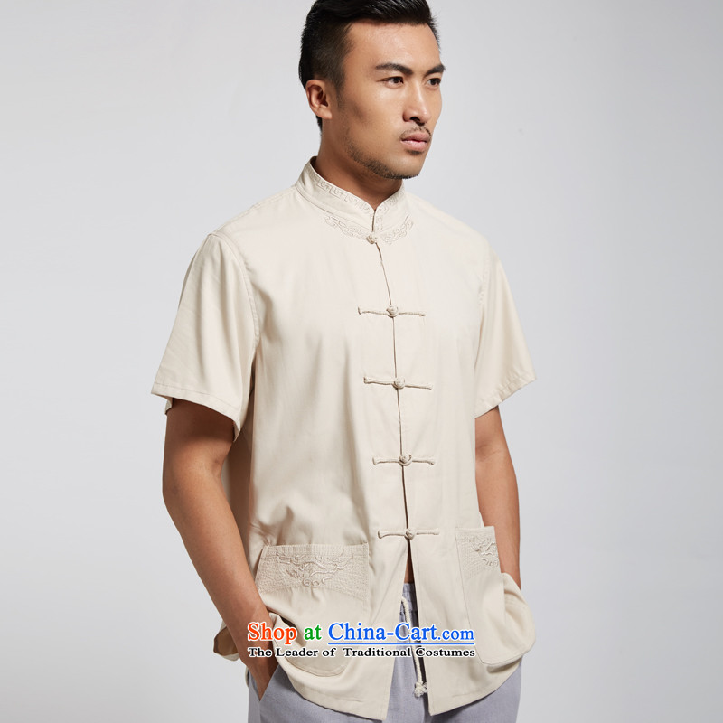 De Fudo aggression in 2015 Summer polyester men Tang Dynasty Chinese clothing short-sleeved shirt with tie Chinese in ROM older men Yellow XL, Tak Fudo shopping on the Internet has been pressed.