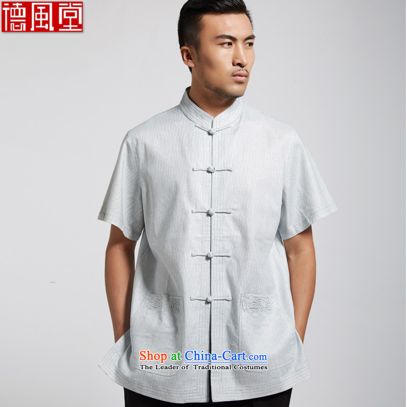 Fudo daughter and de 2015 Summer linen men Tang dynasty short-sleeved Chinese clothing China wind light blue XXXL