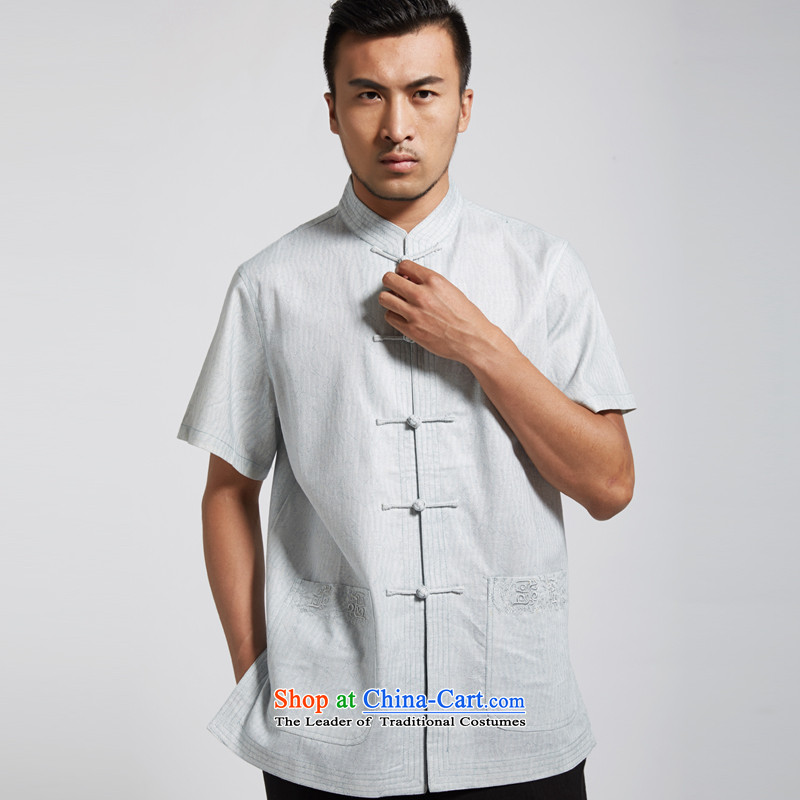 Fudo daughter and de 2015 Summer linen men Tang dynasty short-sleeved Chinese clothing China wind light blue XXXL, de fudo shopping on the Internet has been pressed.