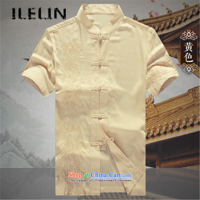 Mr Ronald) Elderly ILELIN2015 short-sleeved Tang dynasty male middle-aged men summer summer Chinese national costumes grandpa summer father Han-T-shirt large yellow 175,ILELIN,,, shopping on the Internet