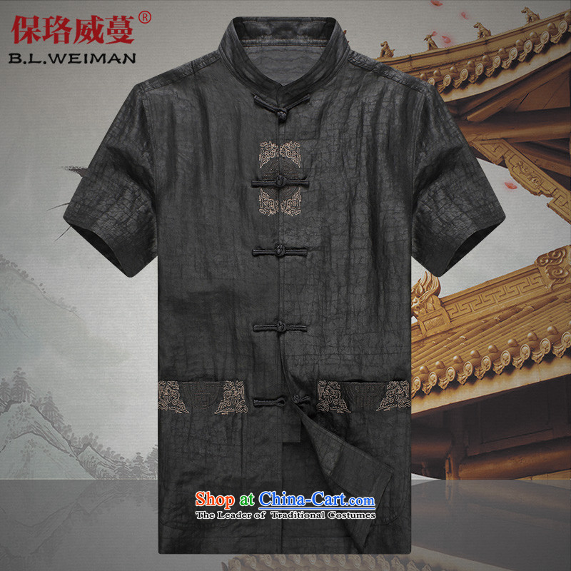 The Lhoba nationality Wei Overgrown Tomb in warranty elderly men and Tang dynasty silk shirts summer men Heung-cloud yarn short-sleeved T-shirt collar tray clip grandpa cloud of incense yarn-Black Tang?L
