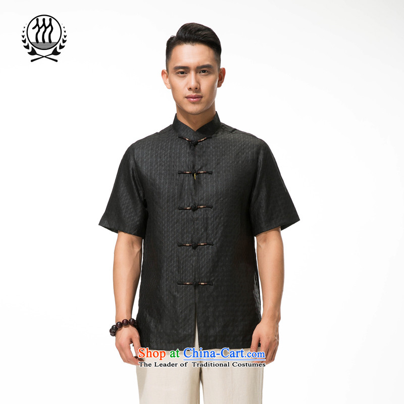 Bosnia and thre line short-sleeved Tang dynasty summer new men incense cloud male silk yarn Tang dynasty in his shirt-sleeves blouse of older men silk Tang dynasty incense cloud yarn short-sleeved T-shirtXL_180 black