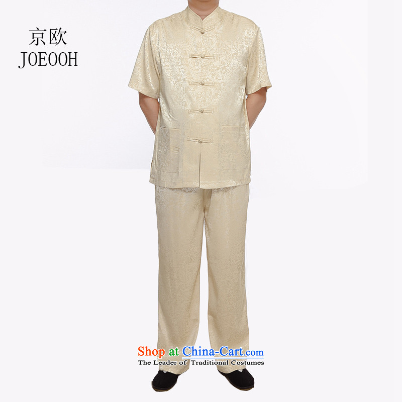 Beijing summer, Europe in the new and old age are Tang Dynasty Package for larger father replace short-sleeved shirt China wind along the River During the Qingming Festival  of men?XXXL Gold