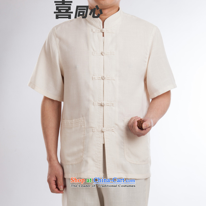 2015 New Products Linen Tang dynasty male Kit Tang dynasty China wind male short-sleeved summer manually drive Chinese national costumes beige detained a 185-hi concentric , , , shopping on the Internet