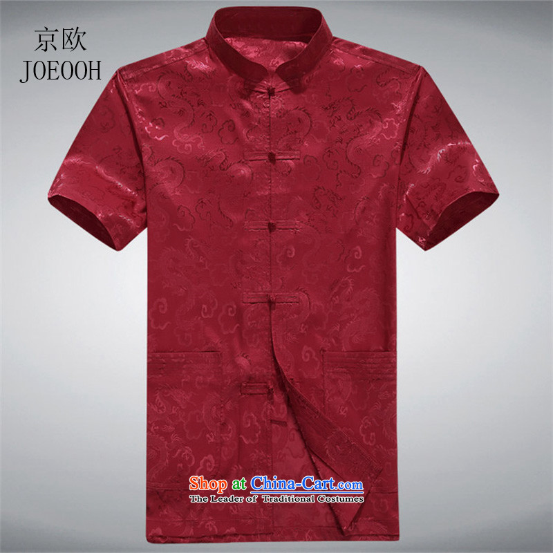 Beijing New OSCE Tang Dynasty Chinese short-sleeved shirt with tie-men casual shirt red?L