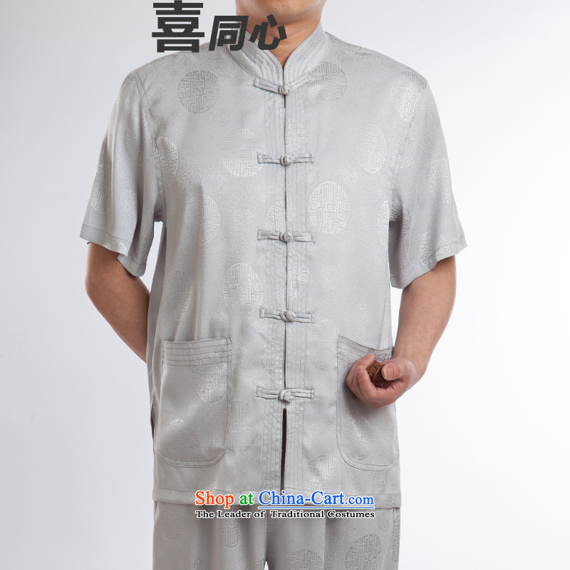 Tang Dynasty men in summer older Chinese shirt silk short-sleeved disc collar gray set of detained 180, Hei concentric , , , shopping on the Internet