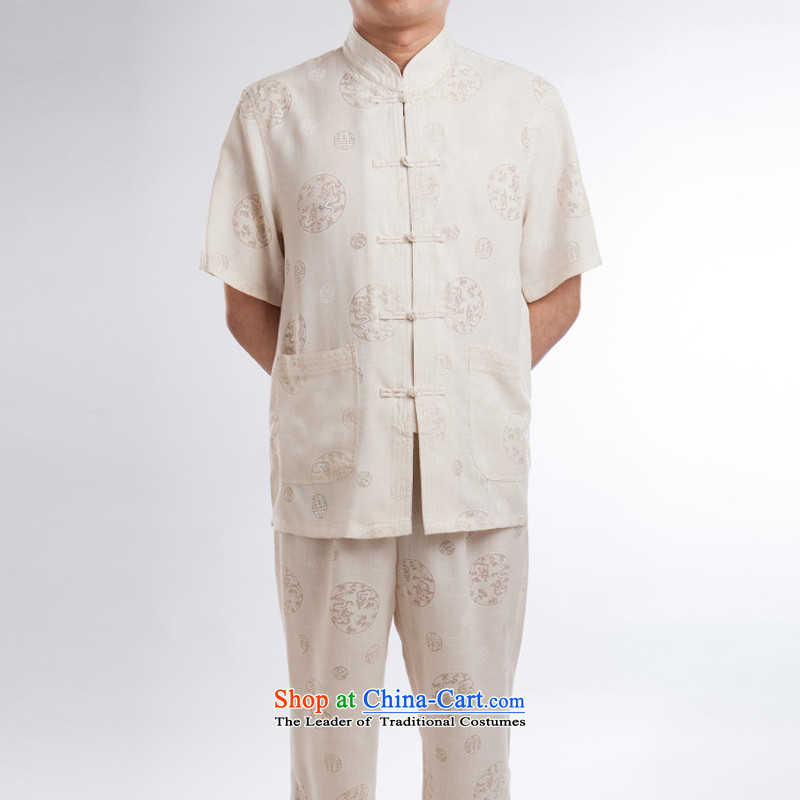 Flax men Tang Dynasty Package China wind short-sleeved pants summer load tray clip collar manually retro Chinese national costumes beige set of?185