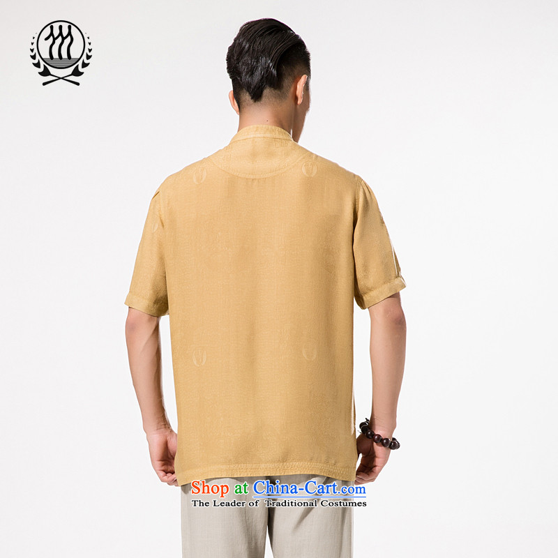 The new man tencel a mock-neck disc short-sleeved T-shirt detained men in Tang Dynasty older very casual Tang Dynasty Chinese silk short-sleeved T-shirt to intensify the father is light yellow XL/180, thre line (gesaxing and Tobago) , , , shopping on the
