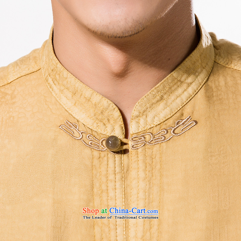 The new man tencel a mock-neck disc short-sleeved T-shirt detained men in Tang Dynasty older very casual Tang Dynasty Chinese silk short-sleeved T-shirt to intensify the father is light yellow XL/180, thre line (gesaxing and Tobago) , , , shopping on the