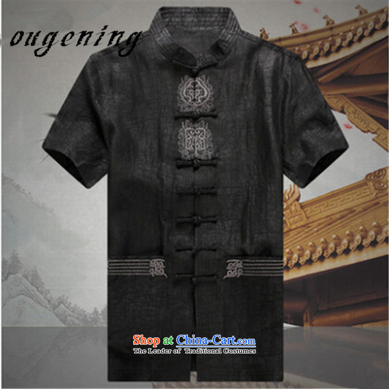 The name of the 2015 Summer of Europe of Chinese men short-sleeved T-shirt, elderly emulation silk men Tang dynasty summer China wind collar disc loading summer, Father detainedL175_92 black