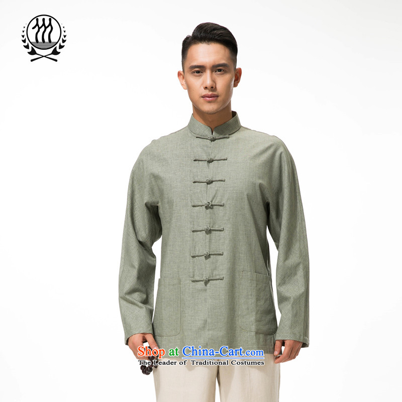Bosnia and thre line Tang dynasty pure colors of the middle-aged long-sleeved shirt collar up ethnic clip cotton linen long-sleeved T-shirt and gray-blue XL/180, thre line (gesaxing and Tobago) , , , shopping on the Internet