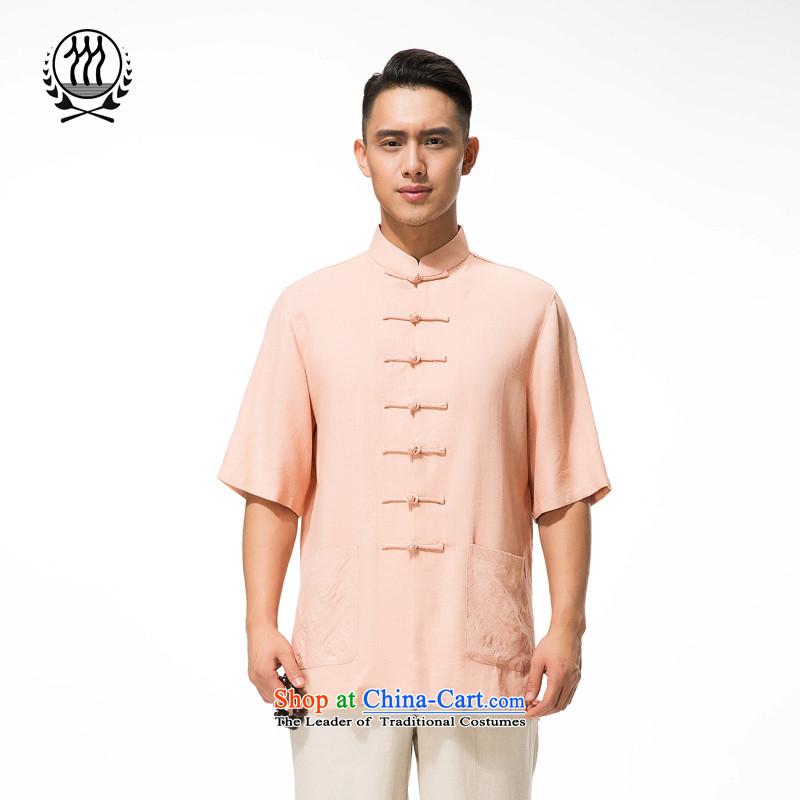 The new line of Bosnia and thre men solid color cotton linen short-sleeved middle-aged Tang dynasty China wind short-sleeved T-shirt collar disc is older short-sleeved Tang Dynasty Leisure Comfort rose redXXL_185