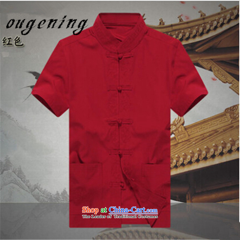 The OSCE, 2015 summer, ethnic lemonade wind men cotton shirt Chinese Tang cotton short-sleeved shirt brick male father China wind from older cotton short-sleeved red?S165_84 Summer