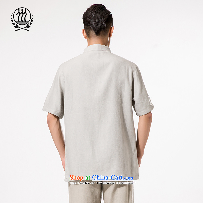 China wind summer men upscale fine ramie Tang dynasty short-sleeved T-shirt Men's Mock-Neck manual disk Chinese Tie ramie short-sleeved T-shirt relaxd fit ramie short-sleeved light gray XXL/185, thre line (gesaxing and Tobago) , , , shopping on the Intern